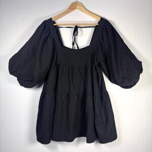 REVOLVE SNDYS Juliette Linen Blend Dress Black Babydoll Tiered Smock Puff sleeve